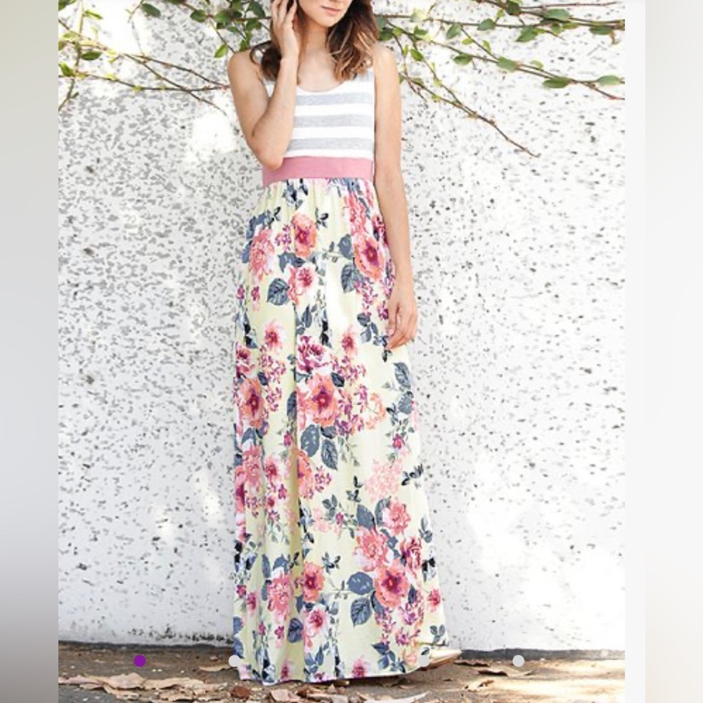 egs by éloges Yellow Floral & Stripe Maxi Dress Size Small